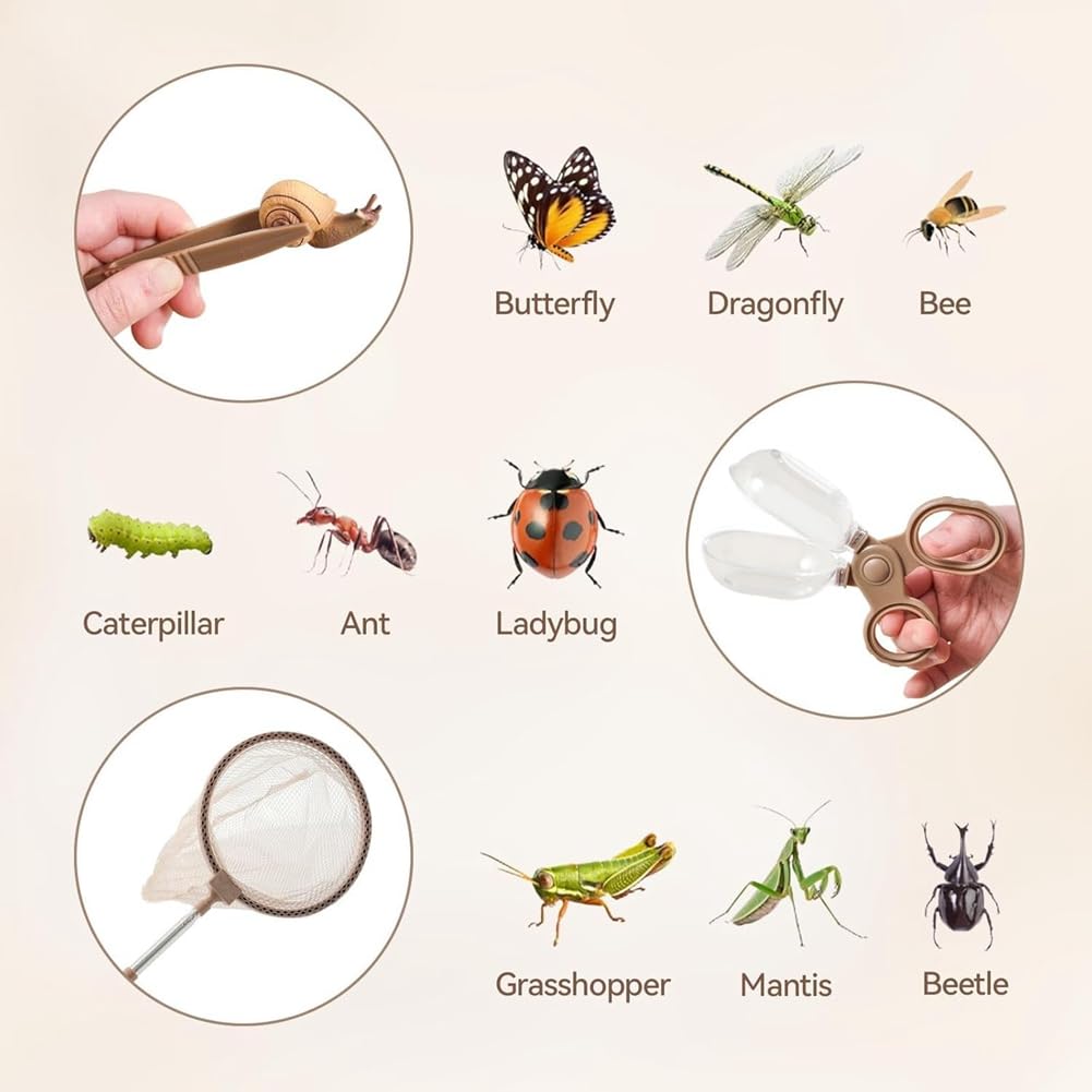 Kit de Captura de Insectos para Niños, Kit de Exploración, 10 Piezas para Exteriores con Lupa y Red, para Niños de 4 A 8 Años.