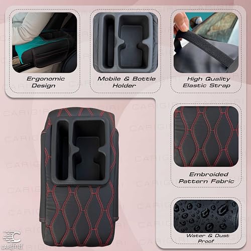 Image of Carigiri Nappa Leatherette,Foam ComfiRest Pro Car Armrest Cushion with Cup Holder| Arm Cushion| Universal for All Cars|Armrest with Mobile Holder (Red,Utility Pockets,Dual Cup Holder,Mobile Holder)