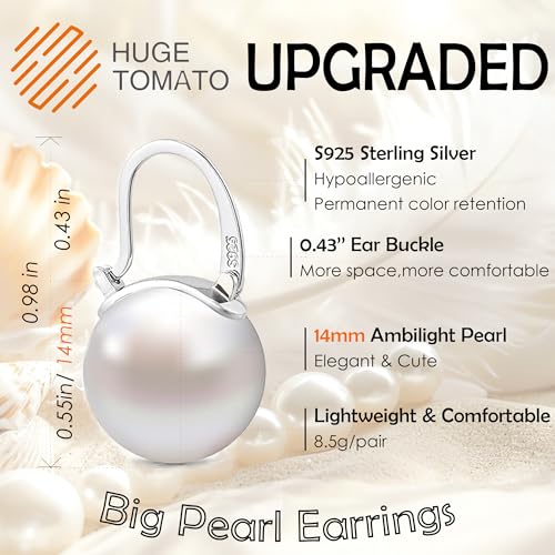 925 Sterling Silver Simulated Shell Pearl Earrings for Women Trendy, Big Pearl Drop Earrings Leverback Stud,Large Pearl Hoop Dangle Hypoallergenic Jewelry 14mm3