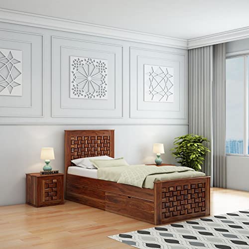 Image of WOODLAB Furniture Niwar Single Size Bed with Drawer Storage Wooden Single Cot Bed Palang for Bedroom Home (Honey Finish)