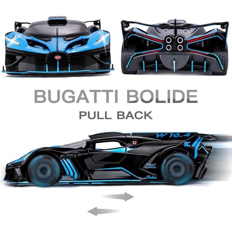 Image of Kids Model 1:24 Big Bugadi Bolide Die Cast Metal Car Pull Back Action Opening Doors with Realistic Engine Sound Lights Toy Car Gift for Boys - Multi
