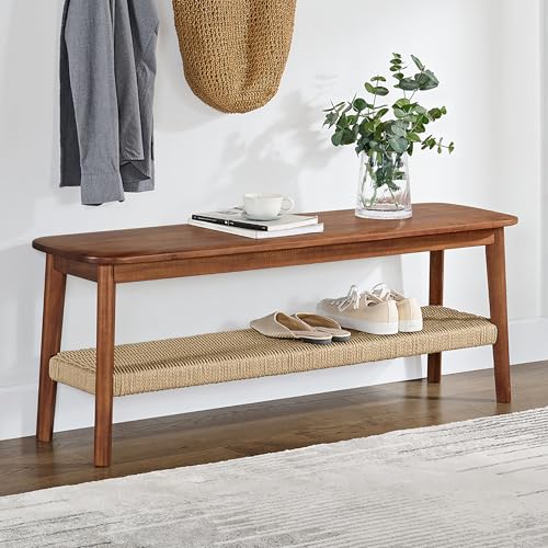 Alaterre Furniture Banco con estante de almacenamiento, banco de entrada de 48 pulgadas de la colección Calais, banco moderno de madera de acacia maciza de mediados de siglo (castaño cálido)