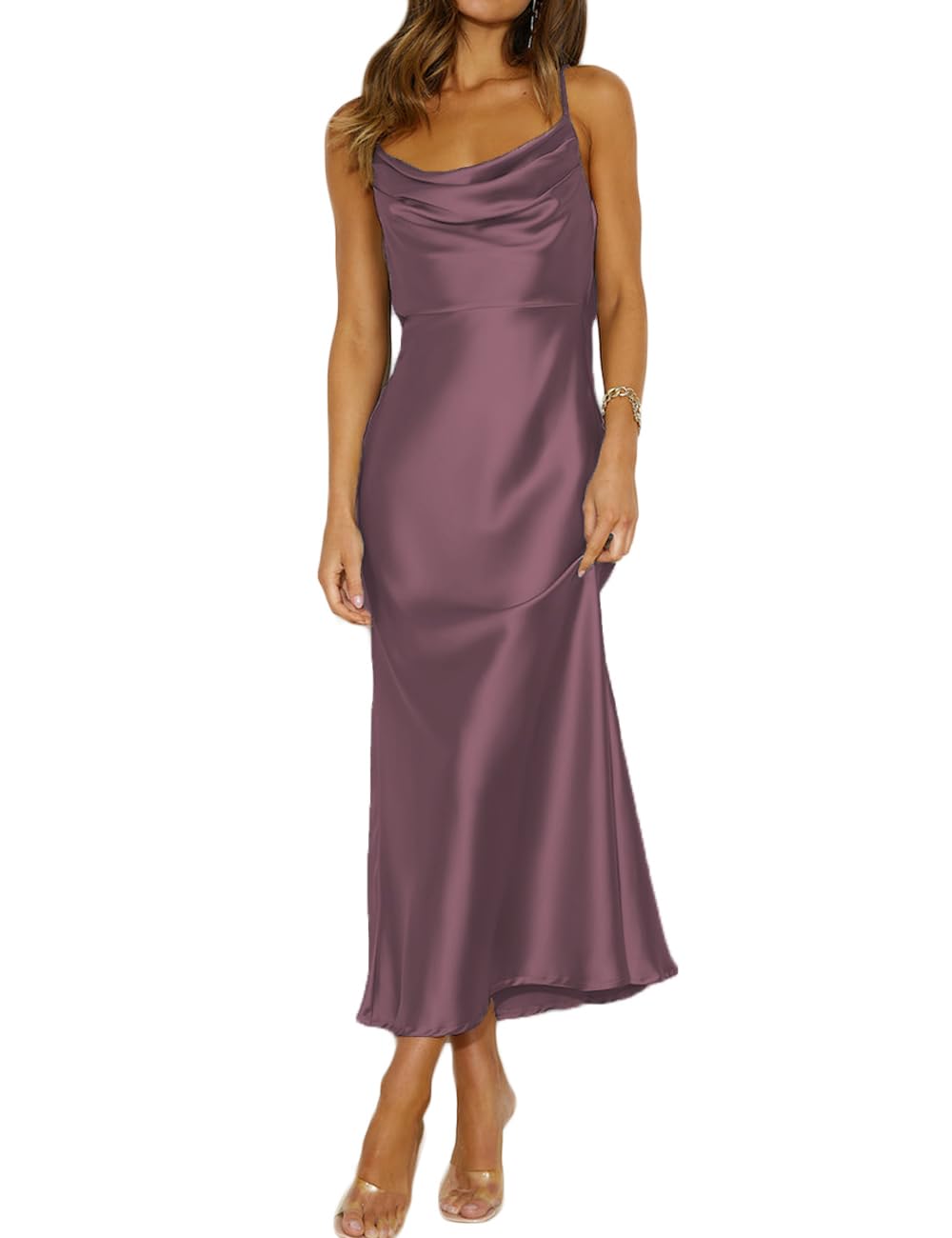 Photo 1 of Mogidol Summer Satin Spaghetti Strap Cowl Neck Backless Midi Dresses for Women Elegant Tie Low Back Ruched Cocktail Dress Grape