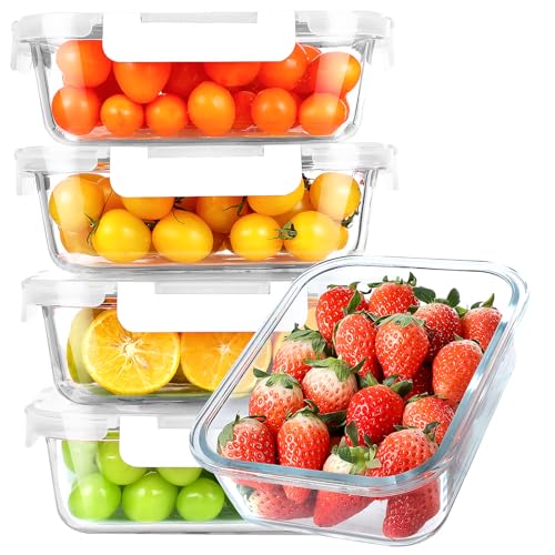 KOMUEE Paquete de 5 recipientes de vidrio para preparación de comidas, recipientes de almacenamiento de vidrio con tapas, aptos para lavavajillas, microondas, horno y congelador, color blanco