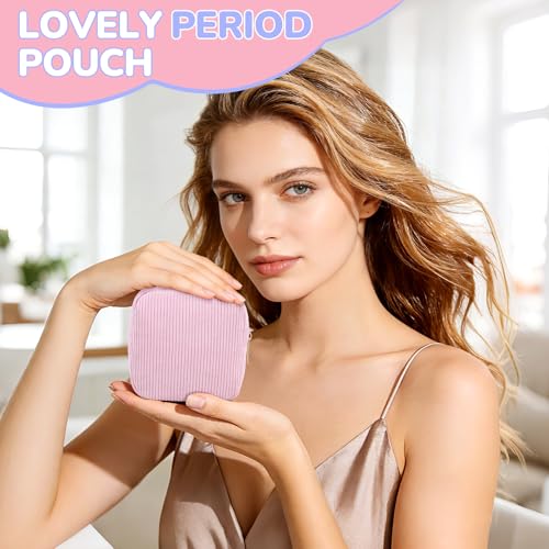 Image of Corduroy Period Pouch Small Discreet Period Bag Sanitary Napkin Storage Bag Cute Menstrual Pad Pouch Tampon Bag for Purse Portable Zipper Makeup Bags for Women Ladies Purple