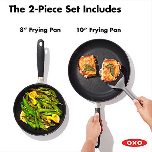 OXO Good Grips 8" and 10" Frying Pan Skillet Set, 3-Layered German Engineered Nonstick Coating, Stainless Steel Handle with Nonslip Silicone, Black - Image 3