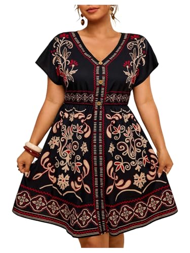Image of Floerns Women's Plus Size Summer Vacation Wrap V Neck Short Sleeve Ruffle Hem A Line Hawaiian Short Dress