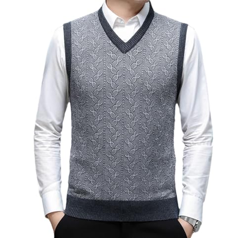 Men’S Vintage V-Neck Printed Sweater Vest with Contrast Hem Sleeveless Knit Pullover