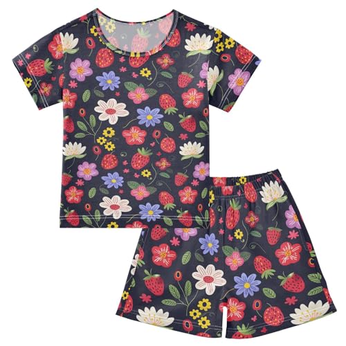 ALAZA Flower Strawberry Floral Black Pajamas Short Sleeve 2 Piece Sleepwear Top and Bottom Pajama Set Unisex