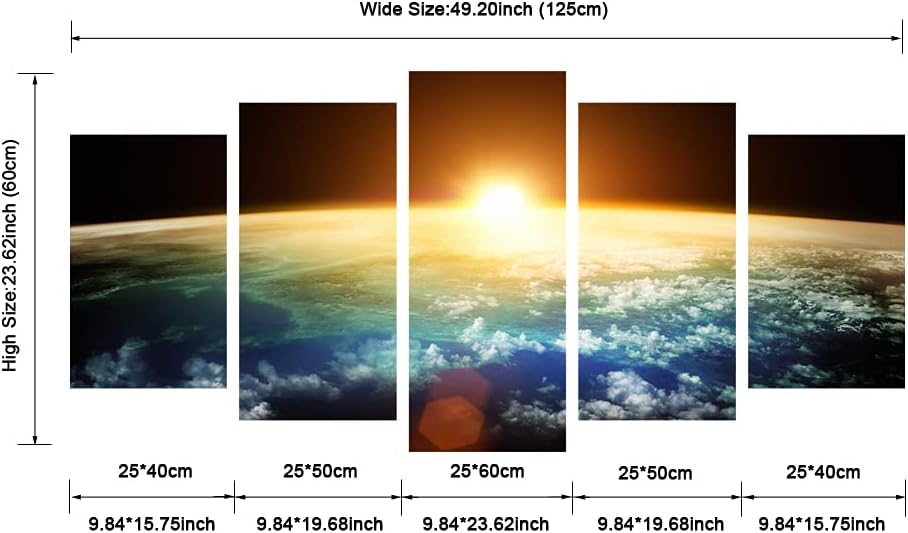 Pyradecor The Earth Canvas Prints Wall Art Outer Space Pictures Paintings Ready to Hang for Living Room Bedroom Home Decorations 5 Panels Modern Stretched Universe Landscape Artwork