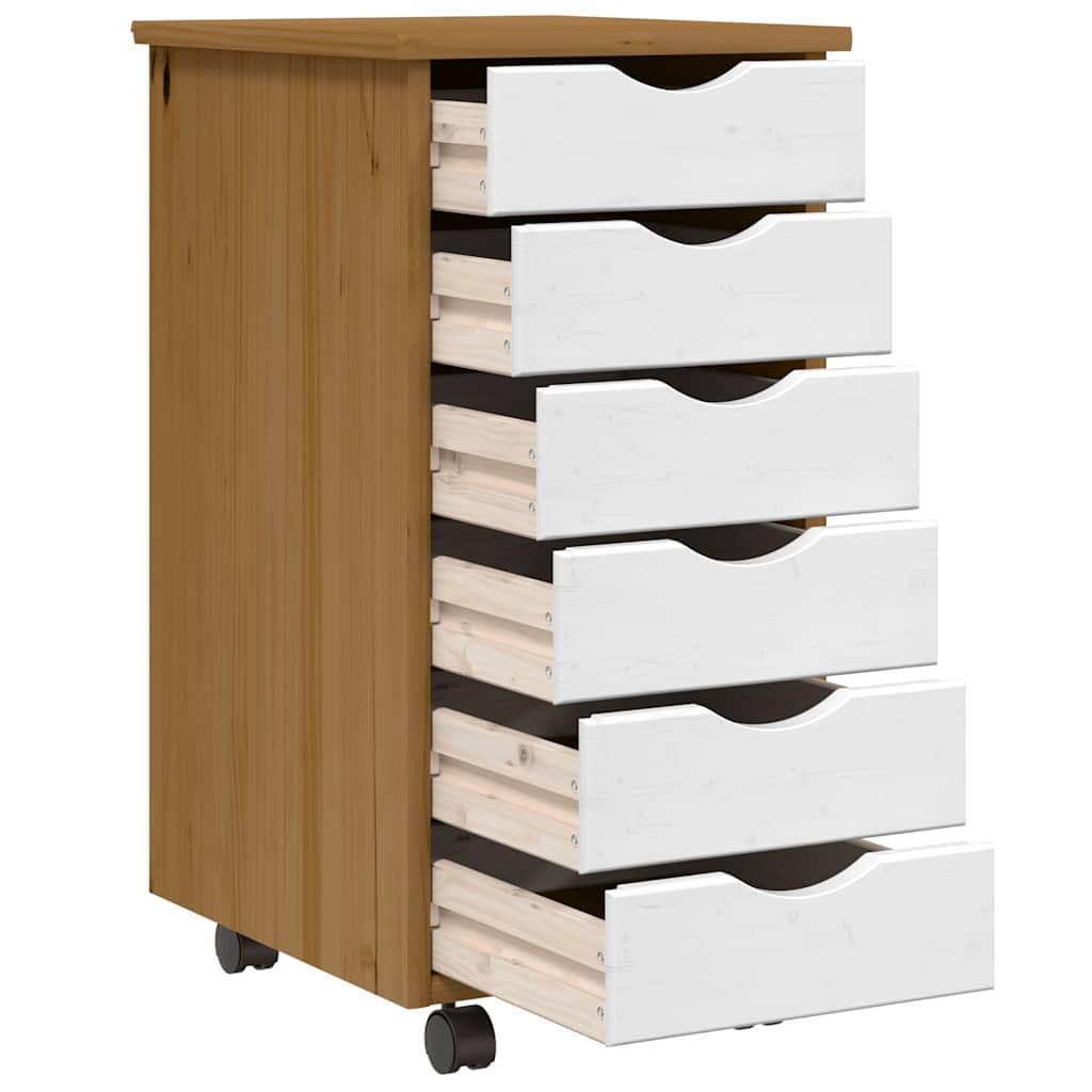 Rollschrank mit Schubladen Moss Honigbraun Massivholz Kiefer, Büroorganisation mit flexiblen Rollen und Griffmulden, Aktenschrank für Dokumente, vielseitiger Beistellschrank
