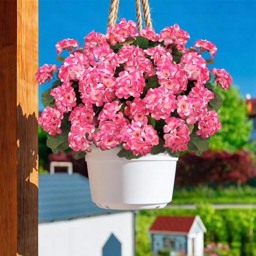 Image of Bassion Artificial Geraniums Flowers for Outdoors Decoration, 4 Pcs, Pink | UV resistant, silk flowers, realistic artificial geraniums, planter window box balcony outdoor garden outside decoration
