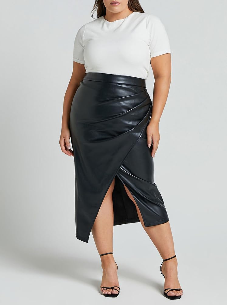 Gonna in Similpelle Per Donna Vita Alta Plissettata Spacchi Anteriori Sexy Aderente Casual Da Lavoro Midi A Tubino
