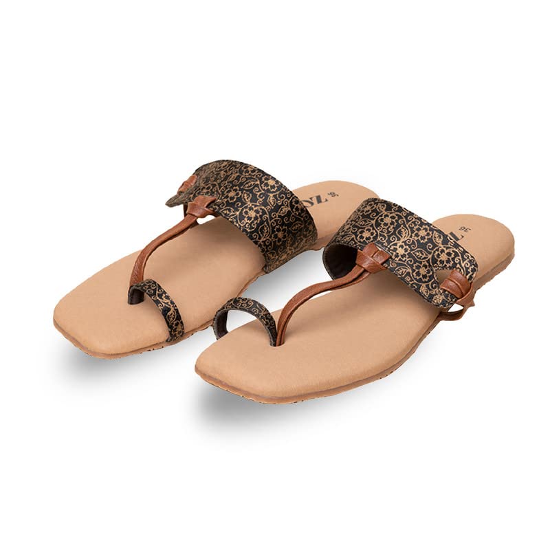 Image of ZOUK Womens Charminar Jaali Women's Chappals Black and Golden Flat Sandal