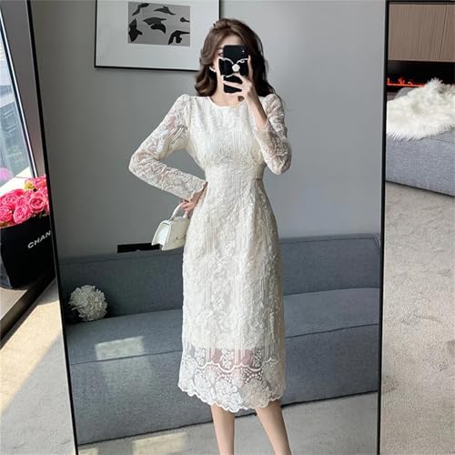 o neck long sleeve flower embroidery slim dress Adhdyuud Women O-Neck Lace Midi Dress Slim Embroidery Flower Lace Up Belt  Split Office Dress, ivory, XXL : Amazon.nl: Fashion