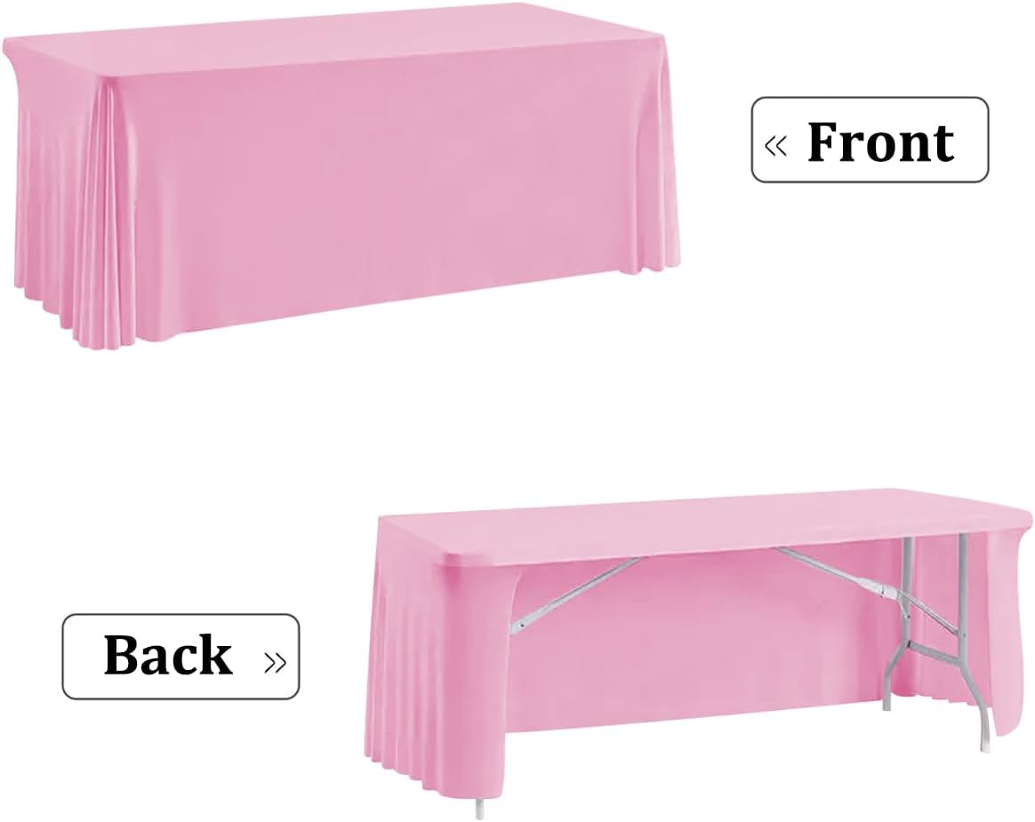 haorui open back table skirts, 4pack rectangle wrinkle resistant table clothes, ruffles elastic table cover for banquets, weddings, parties (6ft pink)