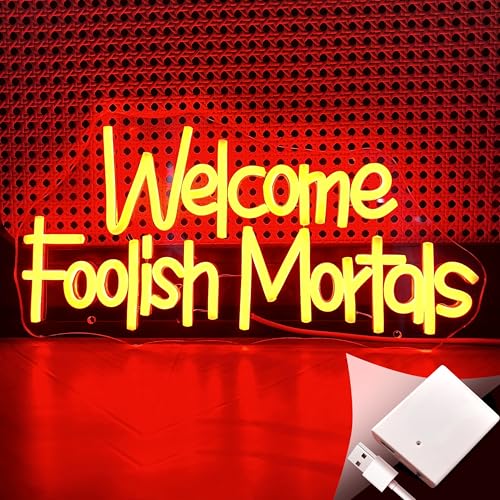 Welcome Foolish Mortals Neon Sign USB Powered Led Halloween Neon Sign with Battery Case for Halloween Party Haunted Mansion Decor Halloween Decor Spooky Gothic Haunted House Decor