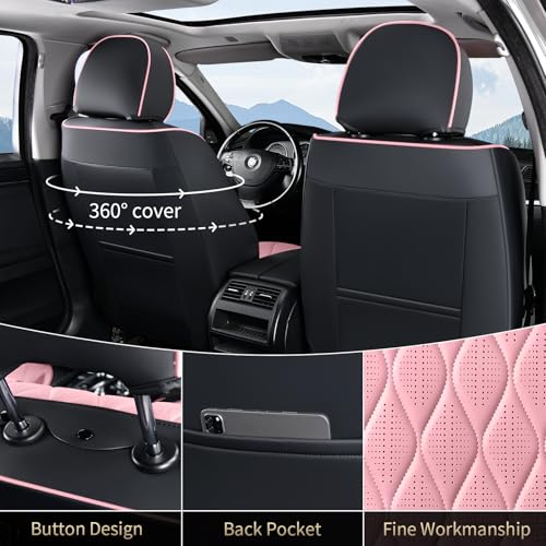 Image of FLORICH Seat Covers Full Set Leather Pink Seat Covers for Cars Front and Rear 5 Seats Waterproof Vehicle Seat Cover with Lumbar Support Universal Fit for Most Cars Sedans Trucks SUV, Black&Pink