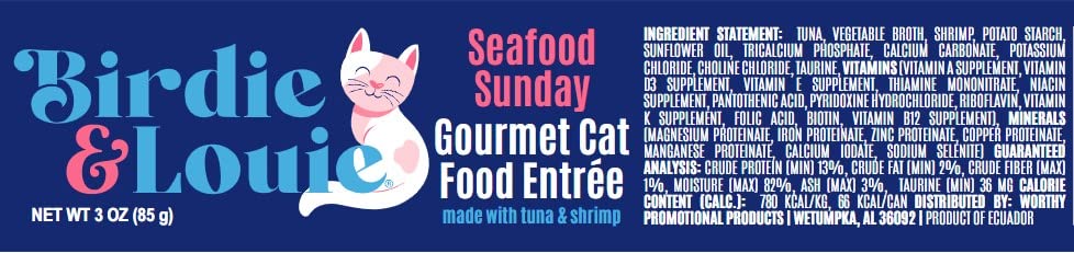 Birdie & Louie Seafood Sunday Tuna and Shrimp Wet Cat Food Gourmet Entrees, Flakes in Broth, 3oz. (96 Cans)