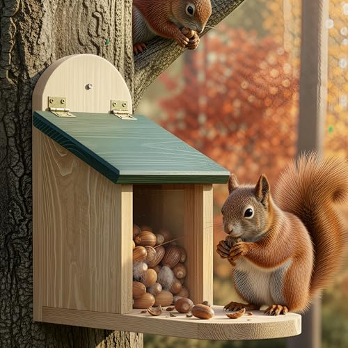 zooprinz wetterfestes Eichhörnchen Futterhaus mit großer Sitzplattform - aus langlebigen Massiv-Holz I große & stabile Futterstation I Langlebiges Eichhörnchenfutterhaus, ganzjährig