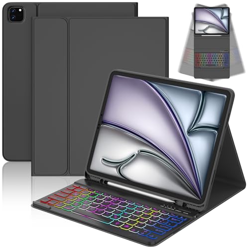 CC Store Hülle mit Tastatur für iPad Air 13 Zoll M3 2025/M2 2024 iPad Pro 12.9 Zoll 6/5/4/3 Gen Magnetisch Abnehmen Bluetooth Tastatur mit 7-Farb-Beleuchtung & Pencil Stifthalter QWERTZ Layout