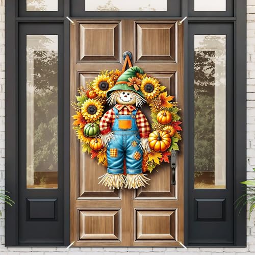 Image of Fall Scarecrow Sunflower Pumpkin Door Cover 35x70in Thanksgiving