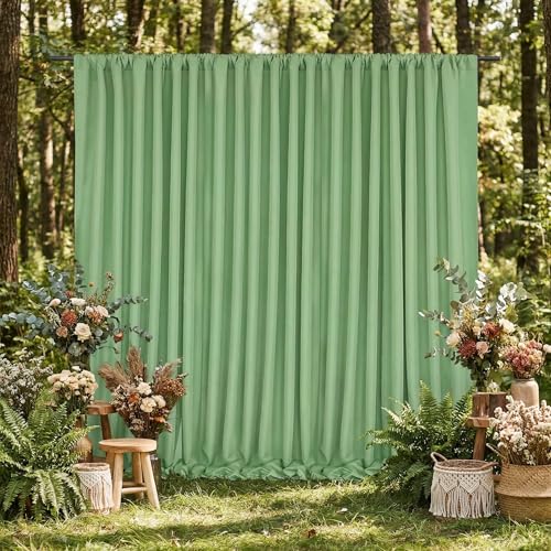 Image of Sage Green Backdrop Curtains 20x10ft: Outdoor Polyester Photo Backdrop Drapes - 4 Panels 5x10ft for Rustic Birthday Party Background Decoration