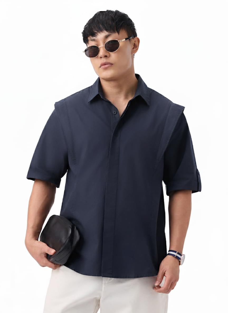 the souled store Korean Shirt: Steel Men and Boys Short Sleeve Spread Collar Solid Everyday Office Wear Casual Streetwear Cotton Oversized Shirts-picture-17