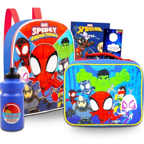 Spidey and His Amazing Friends Mini Backpack and Lunch Box - Bundle with 11” Spiderman Backpack, Spidey Lunch Box, Water Bottle, Tattoos, More | Spidey and Friends Backpack Set