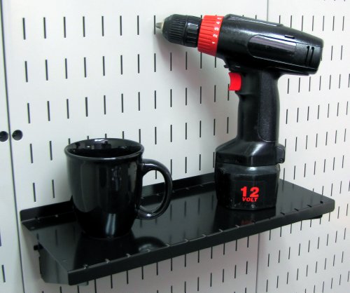 Image of Wall Control 32 inch x 16 inch Black Metal Pegboard Pack - 2 Panels & 1 Deep Shelf Assembly, Modern Style, Heavy Duty, Slotted, Secure, Wall Mount, Garage /Workshop /Tool Shed Storage
