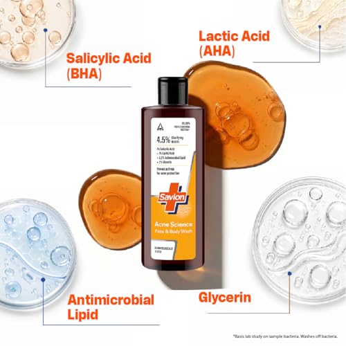 Image of Savlon Acne Science Face & Body Wash 250ml | Fights Acne Causing Bacteria | 1% Salicylic Acid, 1% Lactic Acid, 0.5% Antimicrobial Lipid | Visibly Reduces Body Acne in 7 Days | Dermatologically Tested