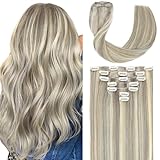 Befana Blonde Clip in Hair Extensions,16inch 7 Pcs 70g Ash Blonde Highlighted Platinum Blonde Clip in Hair Extensions Real Human Hair,Silky Strainght Human Hair Extensions Clip ins for Women Girls