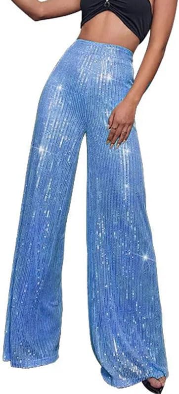 Women's High Waist Sequin Pants Sparkle Flared Trousers with Wide Leg Bell Bottoms for Club & Party Wear