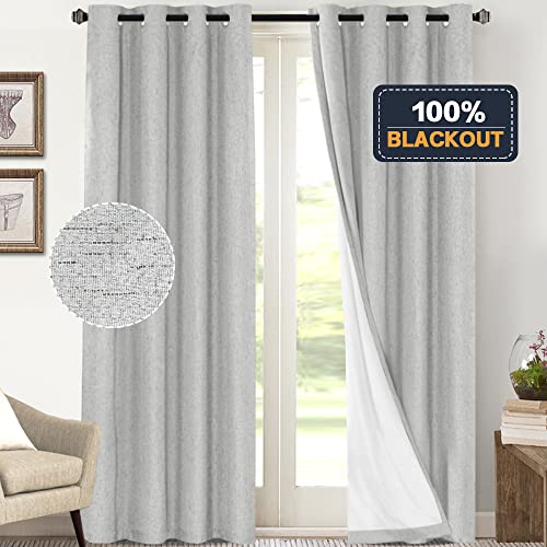 Image of PrinceDeco 100% Blackout Curtains 108 Inches Long 2 Panels Set Burlap Vintage Open Linen Weave Flax Thermal Curtains with White Liner Soundproof Window Treatment Drapes for Nursery, Glacier Grey
