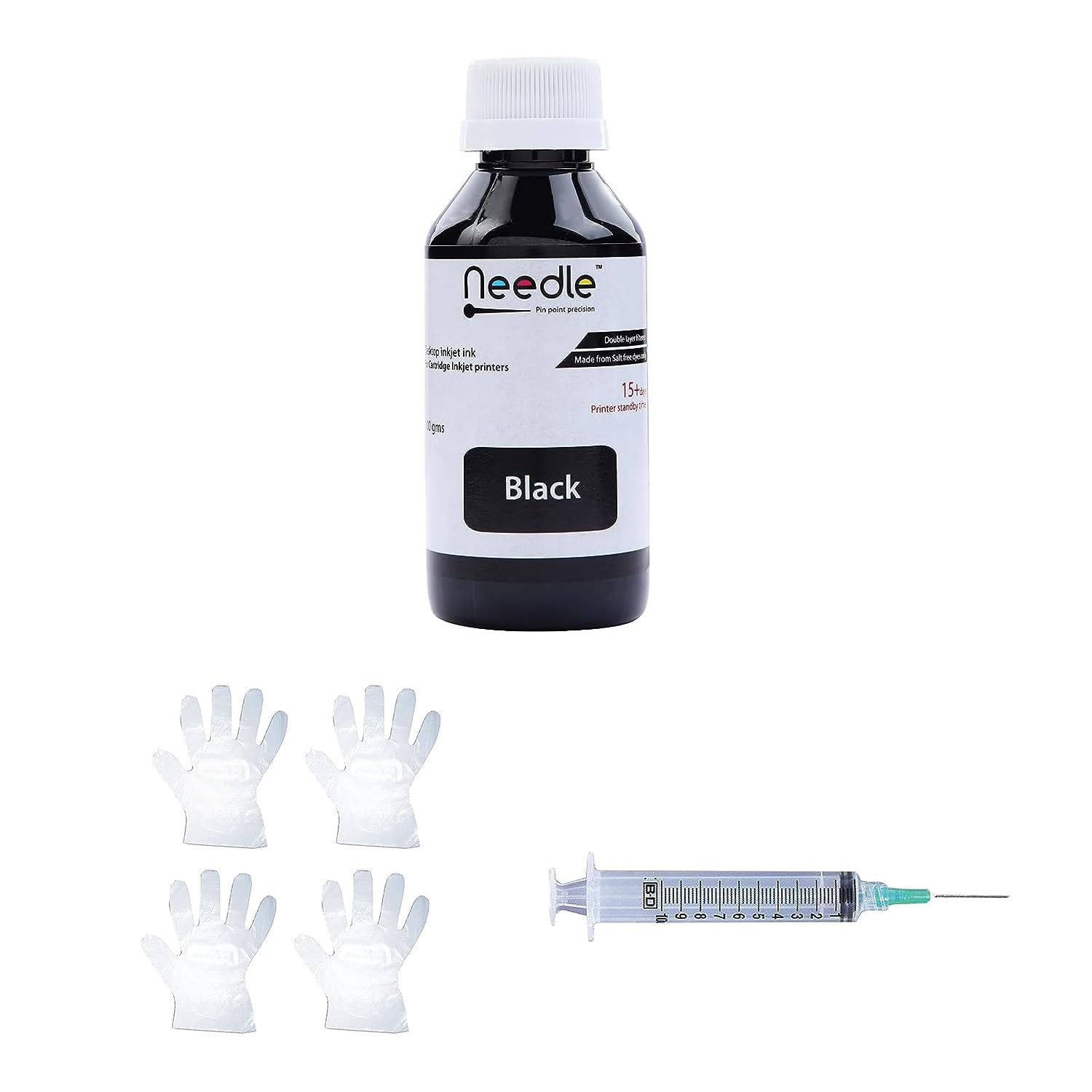 Needle 100gms Cartridge Refill Ink | Made in India | Compatible with Inkjet Printers | Easy Ink Refilling Solution (Black)
