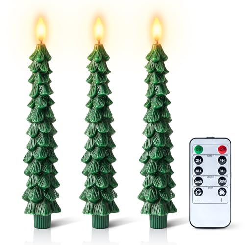 Image of 3 Flame Free Cone Candles with Remote Control, Real Wax LED Battery Powered Candle Warm 3D Wick New Year Decoration (Green, 0.8 X 10 inches)
