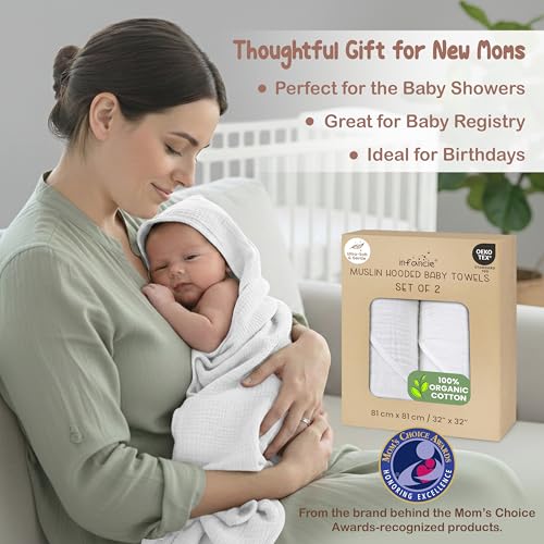 Image of 100% Organic Cotton Muslin Baby Hooded Towel, 32 x 32 in, White, 2 Pack, Soft Absorbent 4-Layer Hooded Bath Towel for Newborns, Infants, Toddlers, Boys, Girls, Oeko-TEX