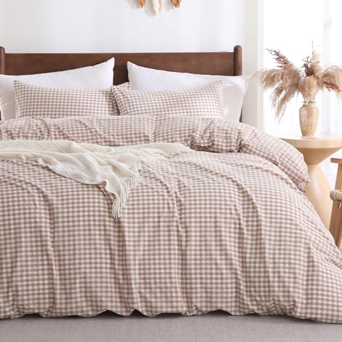 kyrvyn Cotton Brown Gingham Duvet Cover Bedding Set Linen Like Queen