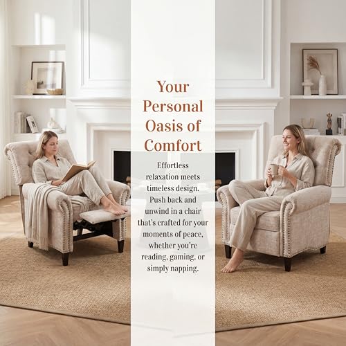 Image of Tufted Linen Fabric Manual Recliner Chair, Oversized Lazy Boy Recliner with Rolled Armrest, Breathable Living Room Reclining Chair for Adults Reading, Gaming, Napping, Relax, Beige
