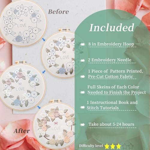 Image of FONNUY Love Heart Crewel Embroidery Kit for Beginners, Pre-Stamped Pattern Kits for Adults with Hoop, Easy to Follow Color Thread Needlework, 8'' Hoop (Love)