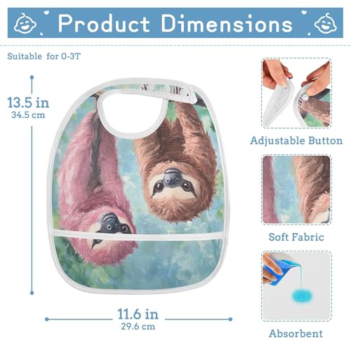 MCHIVER Hanging Sloth Green Baby Bibs for tag1 Waterproof Feeding Bib Apron with Food Cather Adjustable Cotton Food Eating Bib 2 Pack2