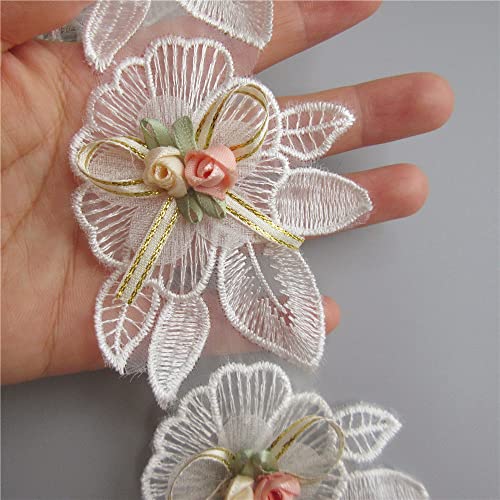 10Pcs 8.5 * 7Cm White Polyester Flowers Gold Butterfly Bow Rose Lace Edge Trim Ribbon Vintage Style Trimmings Fabric Embroidered Applique Sewing Craft Wedding Bridal Dress Clothes Decoration #TOP9
