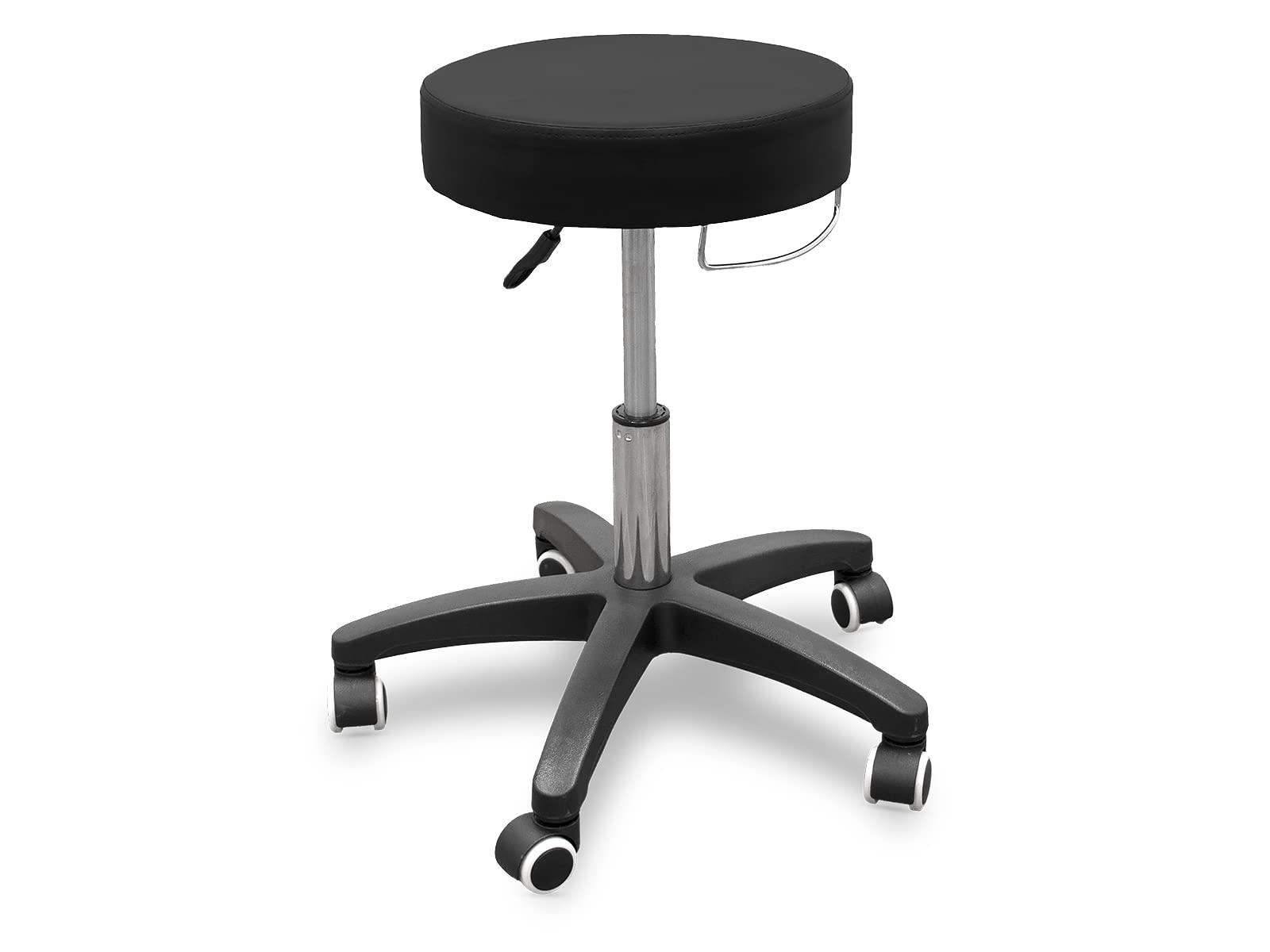 QUIRUMED Taburete con Base rodable y Soporte de Toalla, Color Negro, Polipiel, Relleno de Alta Densidad, Ligero, con Ruedas, Altura Regulable, hasta 150 kg