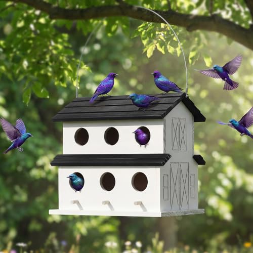 Novabright Bird House for Outside 6 Hole Bird House Room for 6 Birds Families Wood Large Hanging Purple Martin Room for Garden Courtyard Backyard Outside Decor, White
