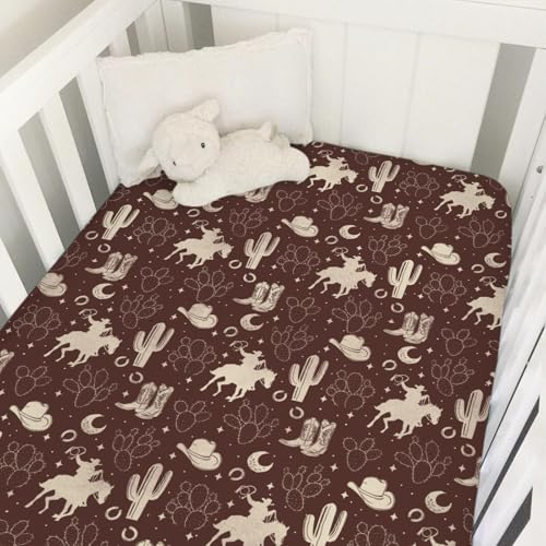 Image of Vintage Western Cowboy Baby Crib Sheets 52''x28'' Cowboy Horse Boots Hat Cactus Moon Snug Fitted Crib Mattress Cover for Boy Girl Wild Plants Soft Baby Bed Sheet for Standard Crib Toddler Mattress