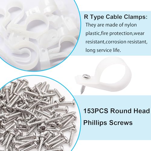 TWTADE 306PCS White Cable Clamps Assortment Kit, Nylon Plastic R-Type 6 Sizes 3/16'' 1/4'' 3/8'' 1/2'' 3/4'' 1'' Cable Mounting Wire Clips Fastener with Screws for Wire Management by TWTADE - Image 4