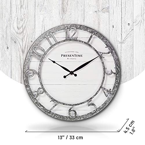 Presentime & Co 13" Farmhouse Series Wall Clock, Quartz Movement, Shiplap Style,Raised 3D Arabic Numeral, Galvanized Finish #TOP3