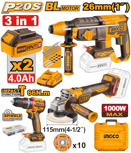 Image of Ingco 20V Brushless Cordless 3 Pcs Combo Kit, Impact Drill, Angle Grinder, Rotary Hammer, 4.0Ah Battery, Charger & 47Pcs Accessories, Power Tool Set with Plastic Storage Case