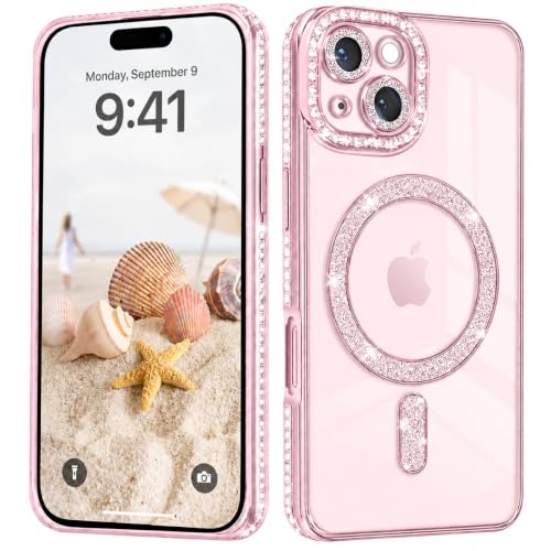 Image of DIZORO Compatible with (iPhone 13 / iPhone 14 Case) Clear Luxury Diamond Glitter Case |Camera Lens Protector with Glitter Ring | Premium Shockproof Glossy Shiny Back Cover Case for Girls Women -Pink