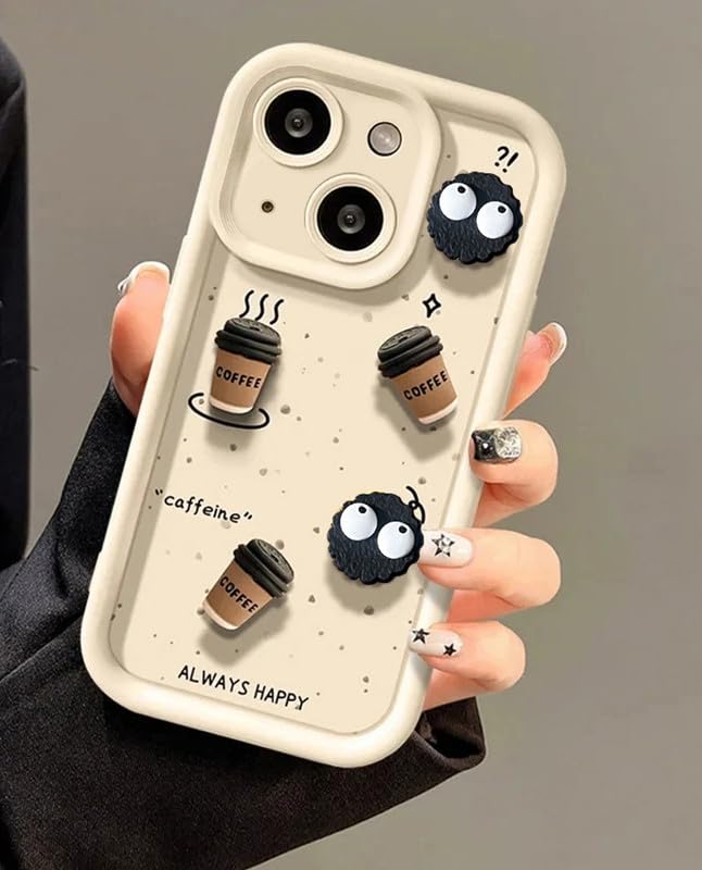 Image of Back Case Cover Compatible for iPhone 15 Plus | Pack of 3 Combo Black & Brown Case | Cute Fun Cartoon 3D Ball Coffee Silicone Case | Body Protection | Camera Protection | Shock Proof